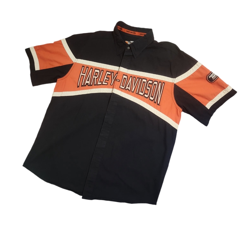 Vintage Harley Davidson Collared Button Down Black, White,and Orange Men's Shirt